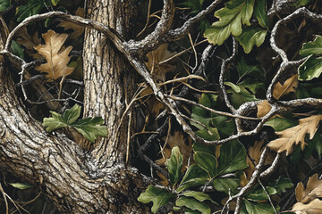 Realistic forest camouflage. Seamless pattern. Jungle tree branches and leaves. Hunting camouflage background. Useable for hunting purposes. 