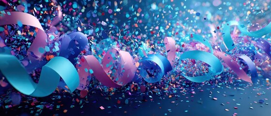 Colorful confetti and ribbons exploding