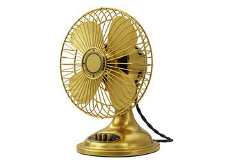 Vintage golden desk fan with ornate grill isolated on transparent background
