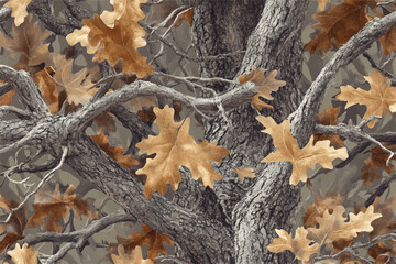 Camouflage seamless pattern. Forest real tree camouflage design. Hunting camouflage. Oak tree texture. Tree bark pattern design. Hunting background