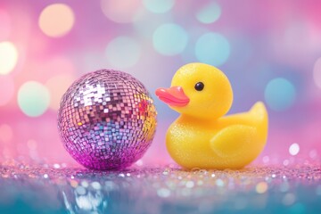 Rubber duckling shines next to sparkly disco ball on vibrant surface during festive celebration