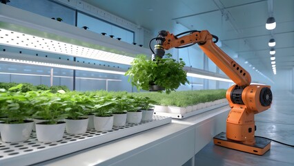 Robotic arm tending to lush green plants in a modern automated vertical farm