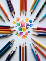 Fototapeta premium Artistic Symphony of Hues Colored Pencils Radiating Around Vivid Flowers