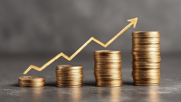 Gold coins stacked in ascending columns with a golden upward trendline