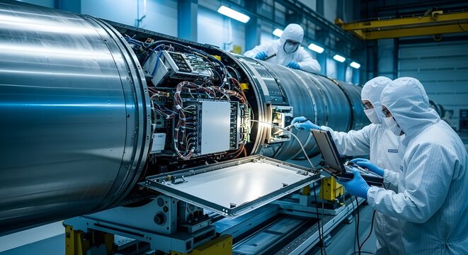 Engineers Examining Missile Guidance Panel in High-Tech Factory with Diagnostic Tools