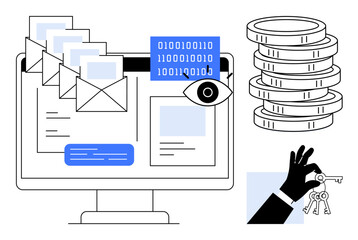 Emails on screen, binary code, stack of coins, hand holding keys, and eye symbol. Ideal for data security, cybersecurity, encryption, email safety online transactions privacy digital access a