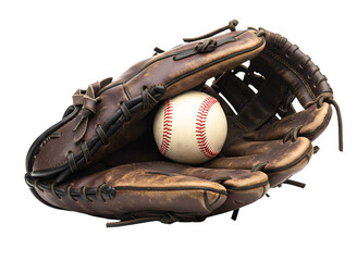 Brown leather baseball glove holding a white ball isolated on transparent background