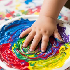 Child's Hand Exploring Vibrant Swirled Paints