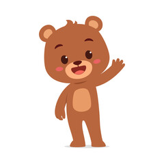 Cute happy brown bear waving a hand and smiling on white background vector illustration