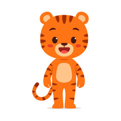 Cute Orange Cartoon Tiger Standing Upright with a Smiling Face on a White Background