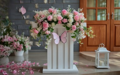 Fototapeta premium Elegant floral display on a white stand