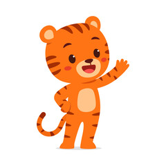 Cute Cartoon Tiger Standing and Waving Hand with a Friendly Expression on White Background