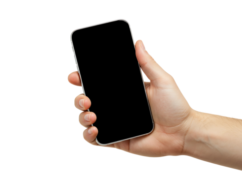 Human hand holding a modern smartphone with a blank black screen isolated on transparent background
