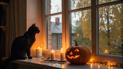 Mysterious black cat gazing out a window, illuminated by warm candlelight and a glowing jack-o'-lantern, creating a spooky yet cozy Halloween atmosphere.