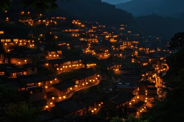 Obraz premium Enchanting night view of an ancient town with glowing lanterns illuminating winding streets and historic architecture