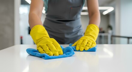 A person wearing yellow gloves is cleaning a table with two blue cloths in an indoor setting.