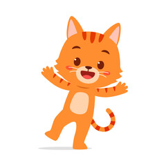 Happy Orange Cartoon Cat Standing with Arms Open and Smiling on White Background