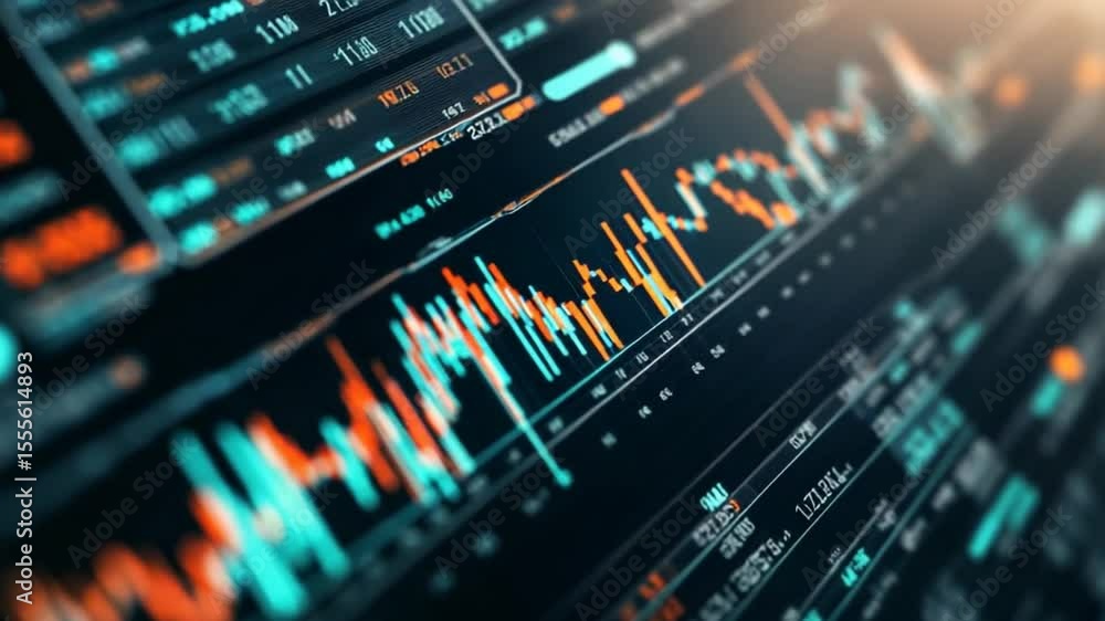 Poster financial stock market data analysis on a screen displaying live graphs and charts