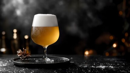 Frothy golden beer in a stemmed glass on a dark surface with bokeh lights and snow.