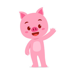 Cute Pink Piglet Standing and Waving Hello with a Smiling Expression in Cartoon Style