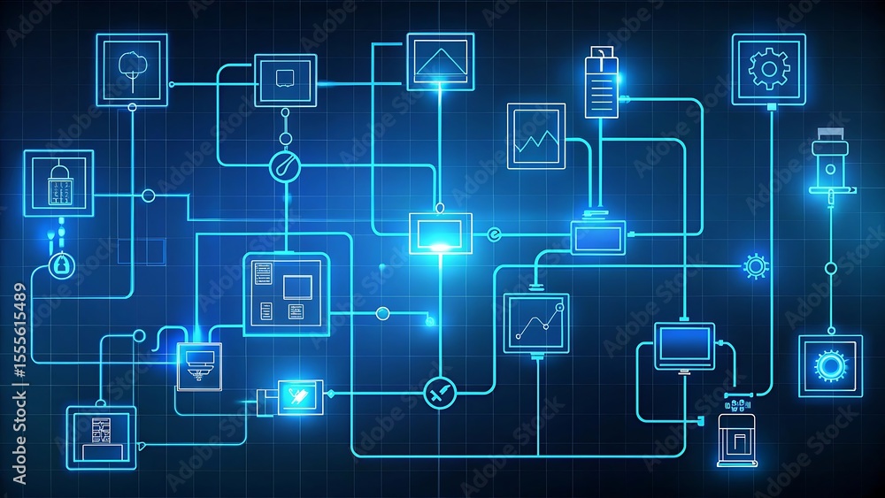 Aufkleber a complex network of glowing blue lines and icons represents a digital data system