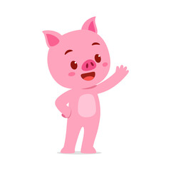 Cheerful Pink Piglet Waving its Hand with a Smiling Face on Isolated White Background Illustration