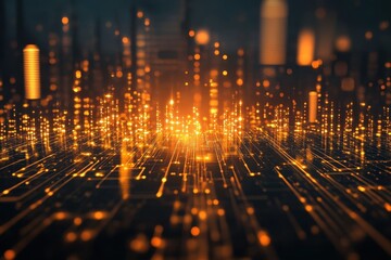 Obraz premium Futuristic cityscape illuminated by glowing lights showcasing advanced technology and vibrant energy during nighttime urban setting