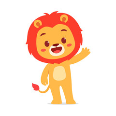 Cartoon lion standing and waving its hand in a friendly manner on white background