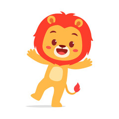 Cute Cartoon Lion Cub Standing on One Leg and Waving Hello with a Smiling Expression