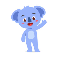 Cute blue koala waving its paw happily and standing on isolated white background illustration