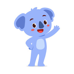 Cute blue Koala waving with a smile, cartoon style illustration on white background.