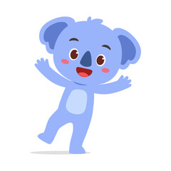 Cute Blue Koala Cartoon Character Standing on Two Legs and Waving Its Hands Happily