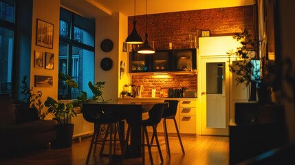 Warm interior of a modern kitchen and living space at night.