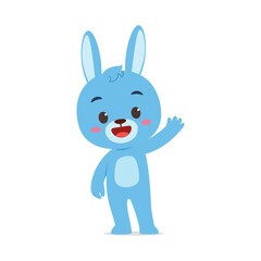 Cute Blue Rabbit Cartoon Character Waving Hand with Happy Expression on White Background