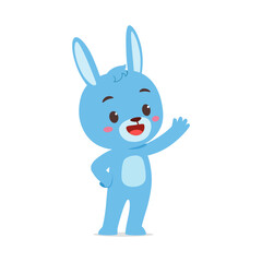 Cute Blue Cartoon Rabbit Waving Hand with Happy Expression on White Background Illustration