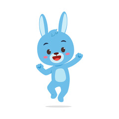 Joyful Blue Rabbit Cartoon Character Jumping with Happiness on Isolated White Background