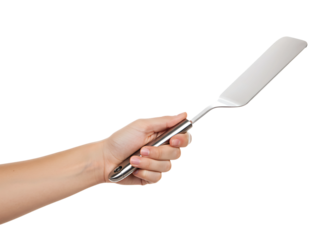 Human hand holding a stainless steel spatula isolated on transparent background