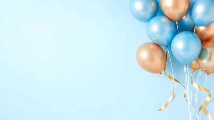 4K Black Background with Ice Blue and Champagne Gold Balloons, Metallic Ribbons, Copy Area Left
