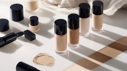 Obraz premium Various shades of foundation in bottles and containers with swatches on a white surface.