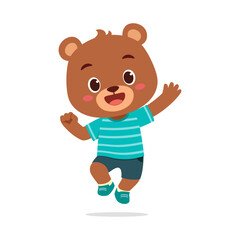 Happy Brown Bear Cub Jumping and Waving Hand with Joyful Expression in Cartoon Illustration © Colorfuel Studio