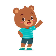Cartoon Brown Bear Waving Hello with Friendly Expression Wearing Striped Shirt and Shorts