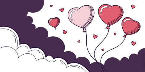 A Valentine’s Day , 14 February pink  shiny hearts and balloons, used for love banners and greeting designs in purple white  background vector illustration.