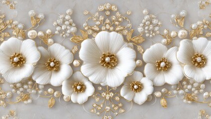 Fototapeta premium Elegant floral pattern with pearls and gold accents