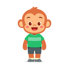 Cute Cartoon Monkey Character Standing with Smiling Face Expression on Isolated White Background