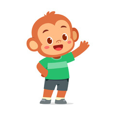 Cute Cartoon Monkey Waving Hand with Happy Expression Wearing Green T Shirt and Shorts