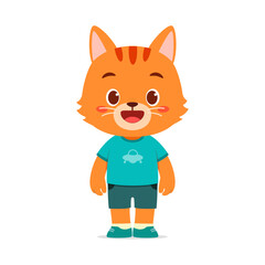 Cartoon Orange Cat Character Standing, Happy Expression, Wearing Blue Shirt and Shorts