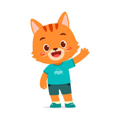 Cartoon Orange Cat Boy Waving Hand While Smiling, Wearing Clothes, Standing isolated on White