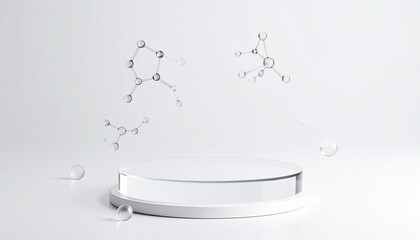 Empty space for exhibition with transparent glass circular cylinder pedestal on molecules and bubbles Background.