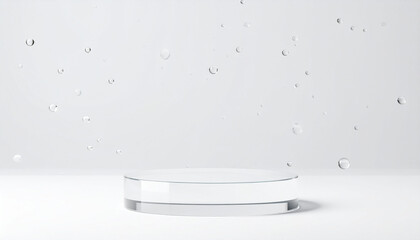 Empty space for exhibition with transparent glass circular cylinder pedestal on molecules and bubbles Background.