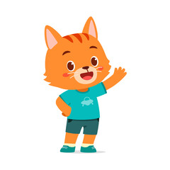 Cartoon orange cat waving hand, smiling, wearing a blue t-shirt and shorts illustration
